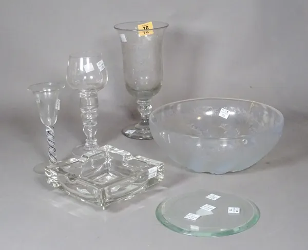Glassware including; a Lalique shade, (a.f), drinking vessels, a coaster etched with the initials CSC and an ashtray, (qty).   S4M