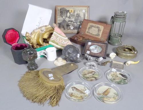 Collectables, including; a carved granite figure of a head, a metal base to a stand, stamped Lalique, three pewter animals, a set of scales, boxed and