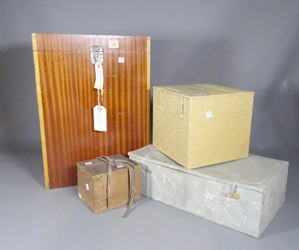 A large wooden box with handles and lock, two Chinese cloth covered boxes and a further small box, (4).    S4B