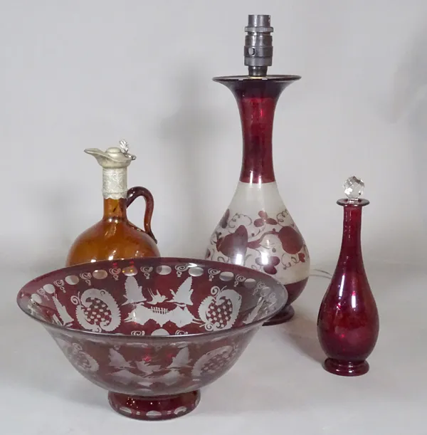 A 20th century ruby flashed glass bowl, a similar vase converted to a lamp and sundry, (qty).  CAB