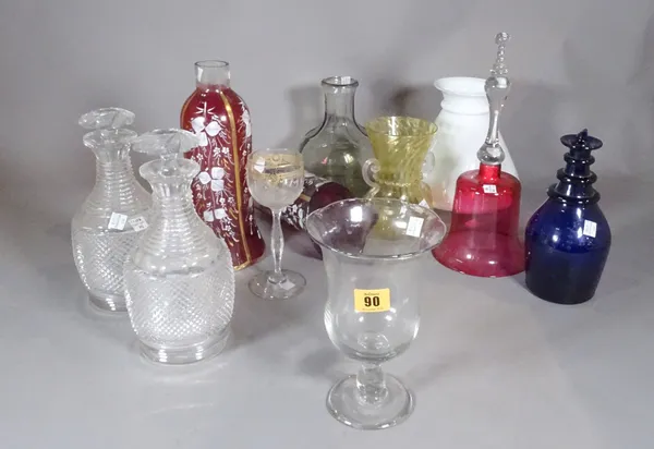 Glassware including; a pair of cut glass decanters, a blue decanter, vases, cranberry coloured glass shades, a bell and sundry, (qty).   S3T