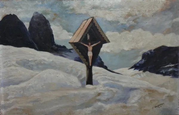C. Knoblauch (early 20th century), Winter in the Karvendel: A crucifix Shrine in a snowy landscape, oil on canvas, signed and dated 1926, unframed, 45