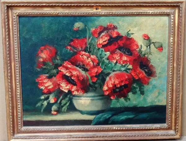 Continental School (20th century), Still life of poppies, oil on board, indistinctly signed, 49cm x 64cm.  J1
