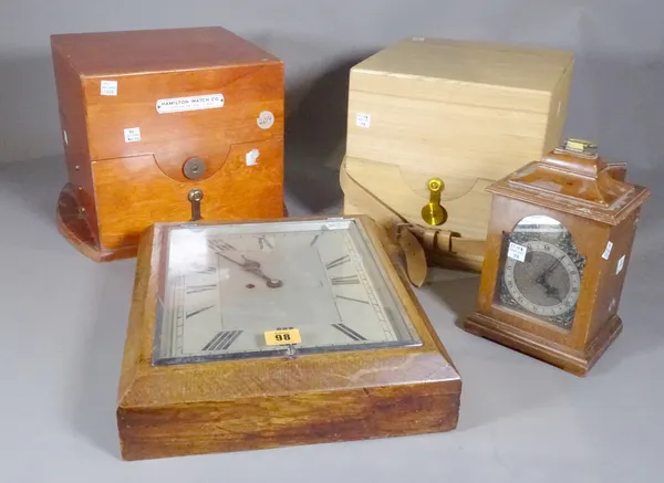 Horological interest, including; a walnut mantel clock, J.J.Jones, a wall clock and two chronometer boxes, (4).   S4B