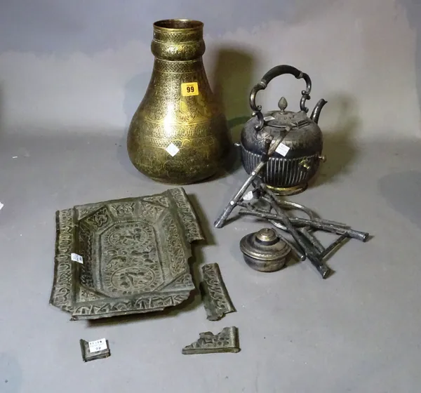 An embossed Eastern brass vase, a small Eastern metal tray and a plated teapot and stand, (a.f).   CAB