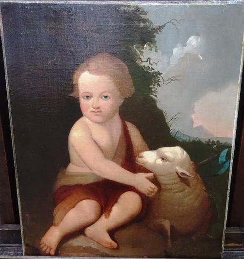 Continental School (19th/20th century), The infant St John the Baptist with a sheep, oil on canvas, unframed, 60cm x 51cm.  CAB