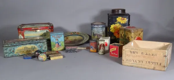 Collectables including early 20th century litho decorated advertising tins and boxes and assorted treen items. S2T