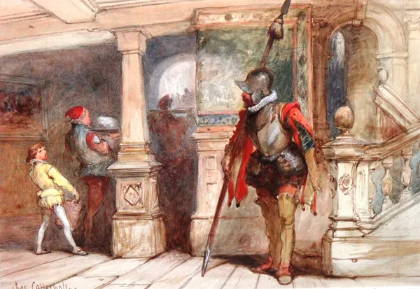 Charles Cattermole (1832-1900), Guardsman and children in an interior; Soldier and horse, two watercolours, both signed, the larger 27cm x 39cm.(2)