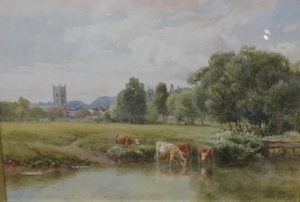 Thomas Pyne (1843-1935), Cattle watering, watercolour, signed and dated '97, 23cm x 34cm.
