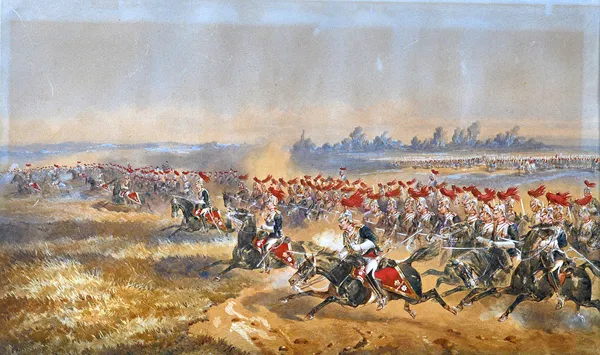 Orlando Norie (1832-1901), The Royal Horseguards (The Blues), galloping past in review order on Chobham Common, 1875, watercolour, signed, 44cm x 72cm