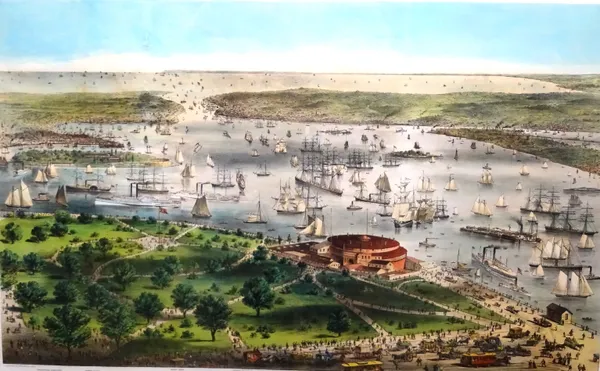 After Parsons & Atwater, The Port of New York, lithograph published by Currier & Ives, with hand colouring, 58cm x 84cm.