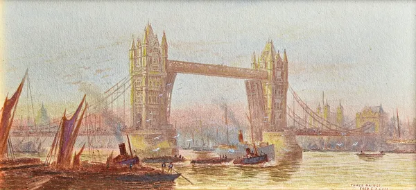 Frederick Edward Joseph Goff (1855-1931), 'London Bridge'; 'Tower Bridge', a pair, watercolour, both signed and inscribed, each 12cm x 25.5cm.(2) Illu