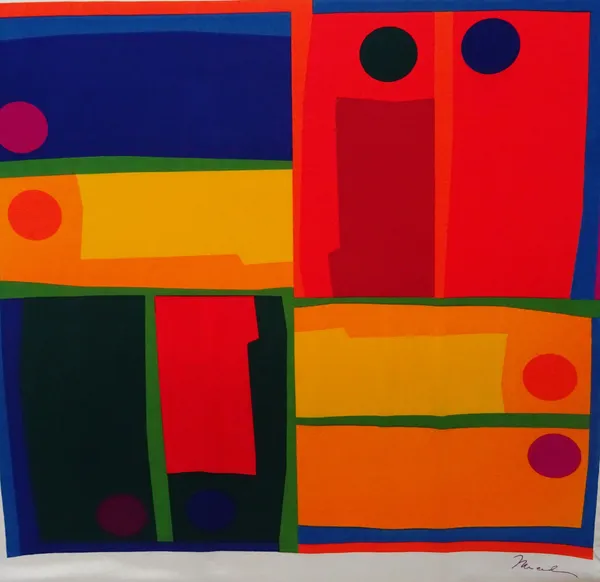 Continental School (20th century), Abstract, colour lithograph on silk, with indistinct facsimile signature, 90cm x 90cm.