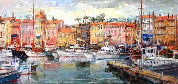Peter Jovanovic (20th century), St Tropez Harbour, oil on canvas, signed and dated '79, unframed, 50cm x 100cm. DDS