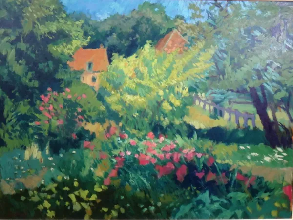 Annabel Gosling (b.1942), The farm in June, Burgandy, oil on canvas, signed, 71cm x 96cm. DDS