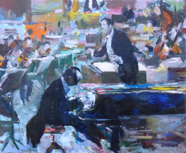 Charles Mozley (b.1948), The conductor and orchestra, oil on board, signed, 50cm x 60cm. DDS
