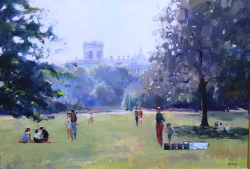 ** Helme (late 20th century), Figures in a park; Figures, horses and traps on a country road, a pair, oil on canvasboard, each 44cm x 65cm.(2)