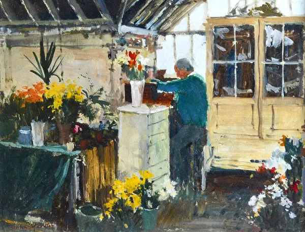 John Yardley (b.1933), The Potting Shed, oil on board, signed, 33cm x 44cm. DDS Illustrated