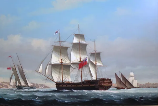 Salvatore Colacicco (b.1935), A Royal Navy three masted frigate in Valetta Harbour, oil on panel, signed, 60cm x 90cm. DDS