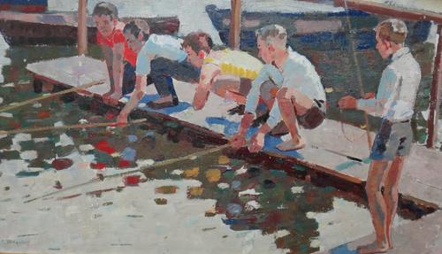 Grigori Shponko (b.1926), Boys fishing off a Jetty, oil on board, signed in cyrillic, 38cm x 68cm.