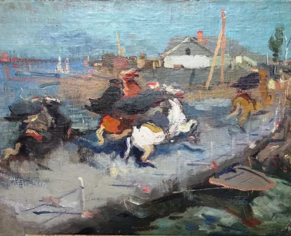 Continental School (19th/20th century), Horses and riders on a jetty, oil on canvas, unframed, 59cm x 77.5cm.