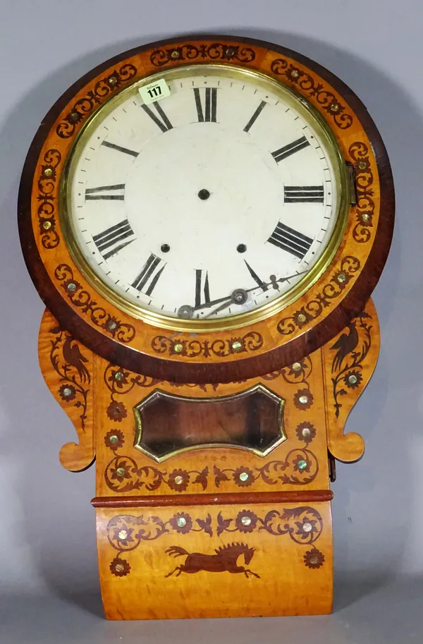 A late 19th century American walnut and inlaid eight day drop dial wall clock, 73cm high.  S4M