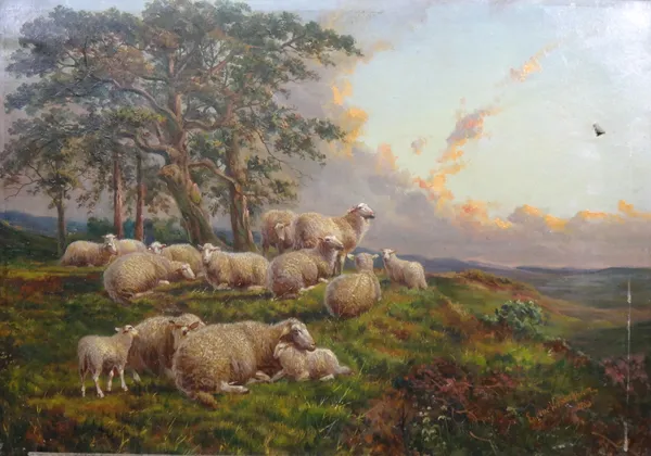 Circle of Eugene Joseph Verboeckhoven, Sheep resting in a landscape, oil on canvas, bears a signature and date, unframed, 52.5cm x 75cm.