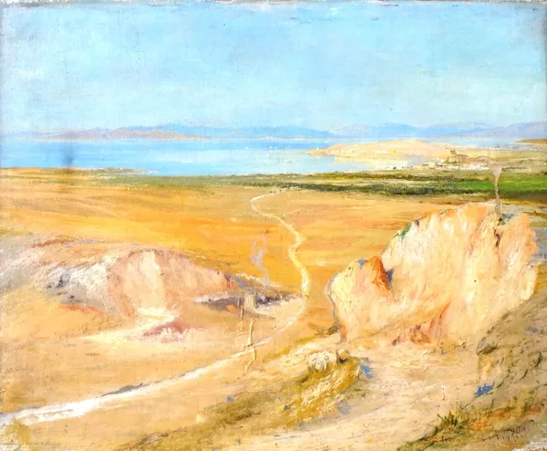Attributed to William Lionel Wyllie (1851-1931), Coastal landscape with river delta, oil on canvas, bears an indistinct signature and inscription, unf