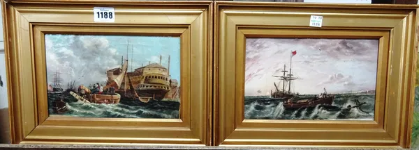Dutch School (19th century), Fishing vessels in choppy waters off the coast; The Harbour Mouth, a pair, oil on canvas, each 14cm x 21.5cm, (2).