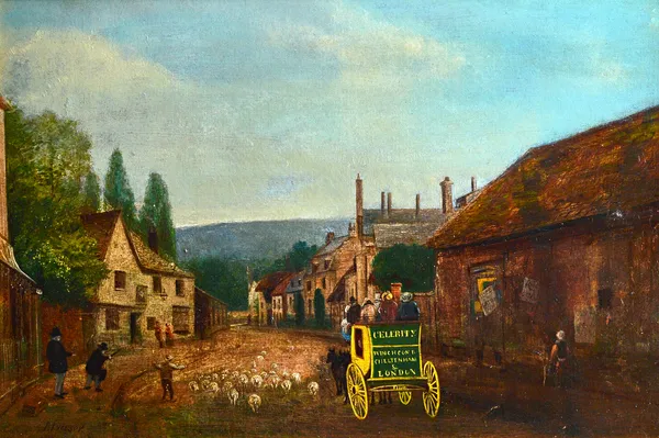 Attributed to Ignatius Fraser (19th century), Celerity: The Winchcomb, Cheltenham and London Coach passing through Prestbury near Cheltenham in Glos,