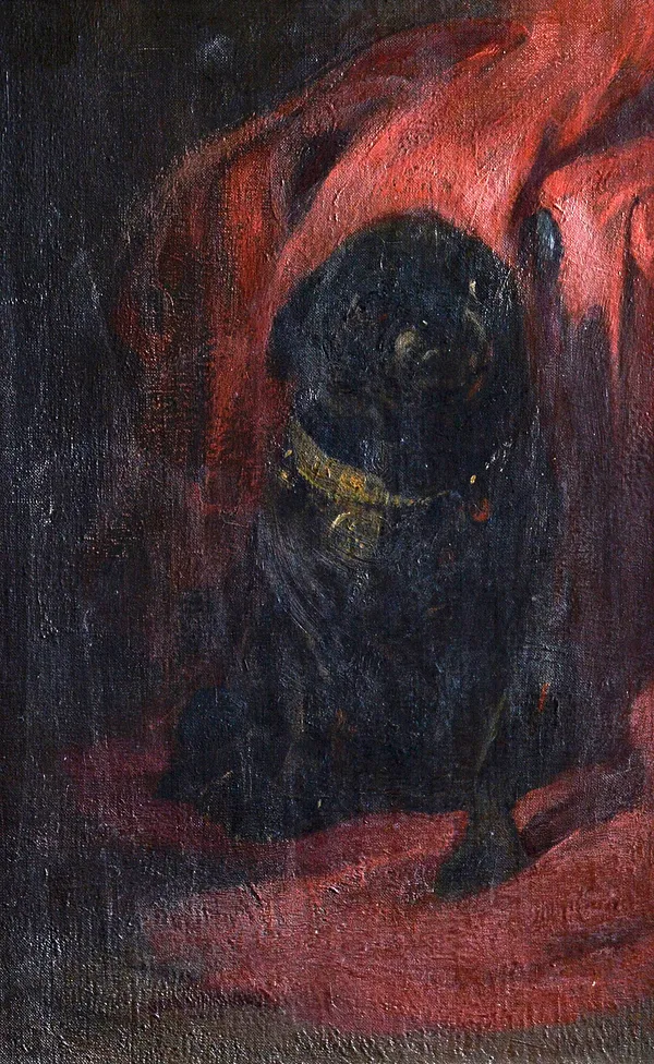 Robert Alexander (1840-1923), Study of a black pug, oil on canvas laid down, inscribed on label on reverse, 46cm x 30cm. Illustrated