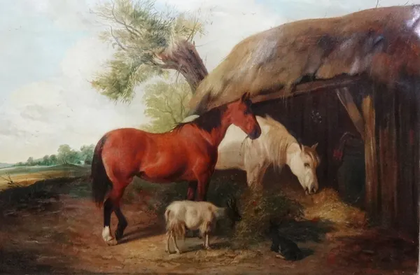Circle of John Arnold Wheeler, Horses and goats by a stable, oil on canvas, 40cm x 60cm.