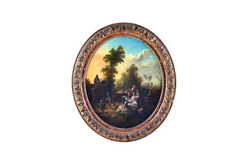 Continental School (19th century), Figure groups in rustic settings, a pair, one oil on canvas, the other oil on canvas laid on board, oval, each 54cm