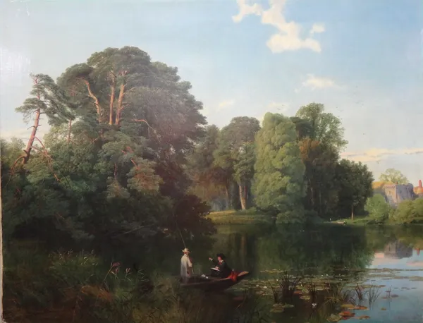Frederick William Hulme (1816-1884), A quiet retreat, Surrey: punting on the river, oil on canvas, signed and dated 1860, unframed, 70cm x 91cm.