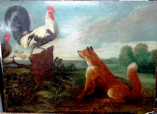 Continental School (18th century), A Fox and a cockerel, oil on panel, unframed, 45cm x 61cm.
