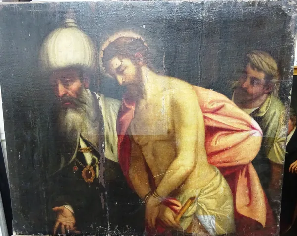 Circle of Jacopo Negretti, called Palma il Giovane, Christ before Caiaphas, oil on canvas, unframed, 60cm x 70cm.