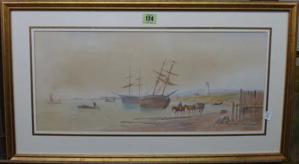Inson Earp (19th century), Beach scene, watercolour, signed, 23cm x 53cm.; together with a gouache of a moorland stream signed Sherrin.(2)  J1