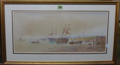 Inson Earp (19th century), Beach scene, watercolour, signed, 23cm x 53cm.; together with a gouache of a moorland stream signed Sherrin.(2)  J1