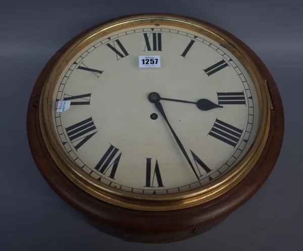 A mahogany cased dial timepiece with 11 inch painted tin dial set with Roman numerals and with a single train fusee movement and two further dial cloc