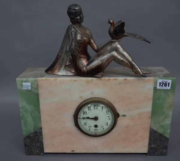 An Art Deco figural mounted marble mounted clock with central enamel dial (36cm high), a French brass cased carriage clock stamped 'R&CO' with single