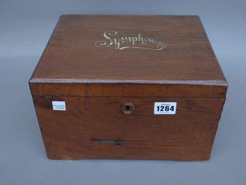 A Swiss walnut cased symphonion, 19th century, with 7.5inch metal discs (27.5cm wide) and one further walnut cased symphonium and nine metal discs. (a