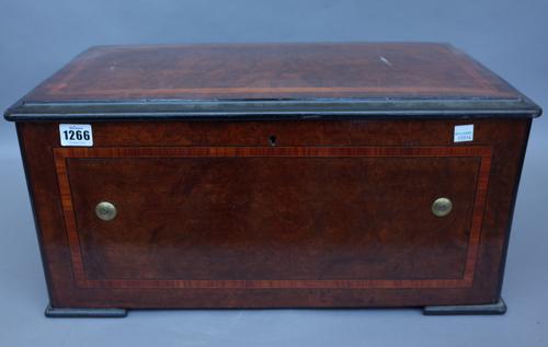 A Swiss walnut cased cylinder music box, 19th century, with 11inch cylinder and novelty hammers chiming on six bells with a further drum shaped chime