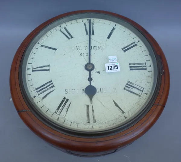 A mahogany cased dial timepiece, late 19th century, the 11.5 inch painted tin detail detailed 'W. Tuck High St Sittingbourne', enclosing a single trai