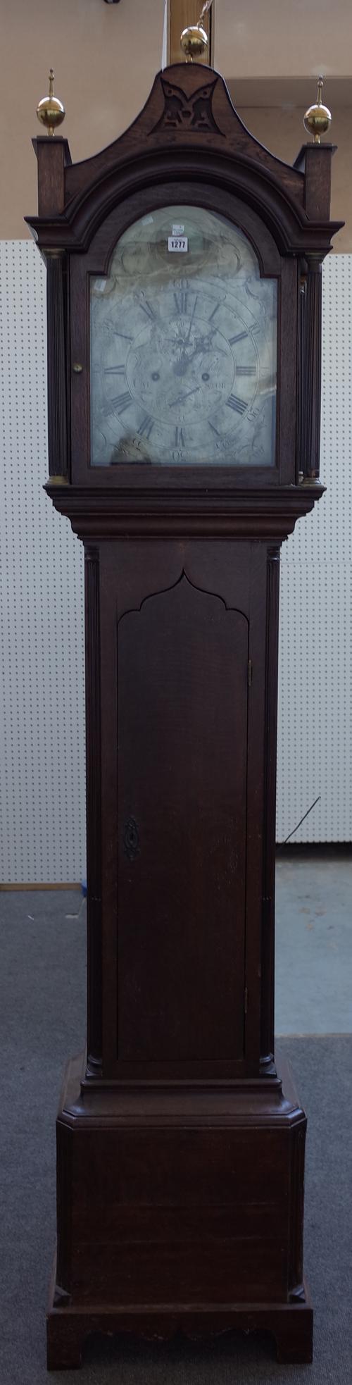 William Spalding Caistor; a Gorge III oak eight day longcase clock, the refinished case around arched silvered dial with subsidiary calendar and secon