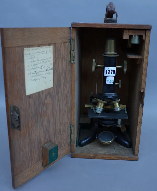 A. C. Baker ebonised brass microscope, early 20th century, in an oak fitted case and a Cary Porter engineer's drawing set in a metal case. (2)