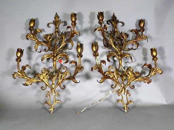 A pair of 20th century acanthus moulded four light wall lights, 76cm high. BAY3