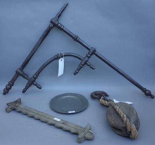 A quantity of collectables, comprising; an unusual wrought iron Sussex pipe kiln, circa 1780 with loop handles 32cm wide, an early 19th century pewter