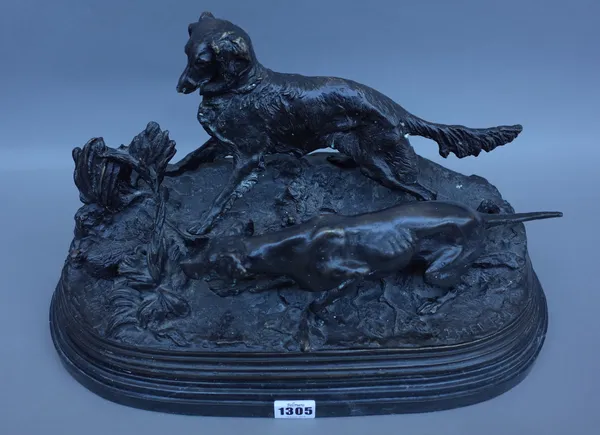 A modern bronze animalier group, after P.J. Mene, modelled and cast as hounds hunting wild fowl on a naturalistic base and black vein marble plinth, 4