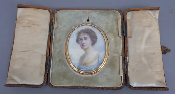 'EH', a late 19th/early 20th century British School portrait miniature on ivory of a woman, blue dress, yellow collar, pearl necklace, in an oval gilt