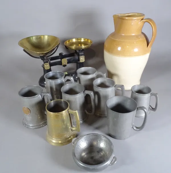Collectables, including; a pair of cast iron kitchen scales, a stoneware jug and a selection of pewter tankards, (qty).  S2B